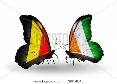 Two Butterflies With Flags On Wings As Symbol Of Relations Belgium And Cote Divoire