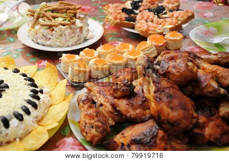 Roasted Chicken On Festive Table