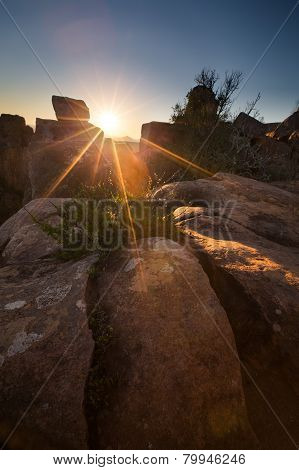 Valley Of Desolation In Camdeboo National Park Near Graaff-reinet Landscape With Rocks Sunset