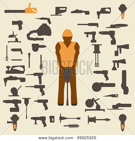 Construction Tools And Worker Silhouette Icons  Set. Design Suitable And Editable Vector.