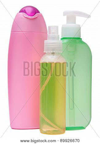 Closed Cosmetic Or Hygiene Plastic Bottle Of Gel, Liquid Soap, Lotion, Cream, Shampoo. Isolated On W