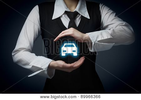 Car (automobile) Insurance And Collision Damage Waiver Concepts. Businessman With Protective Gesture