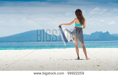 Asia Young Woman With Dress And Bikini Standing On Phiphi Island, Krabi, Thailand