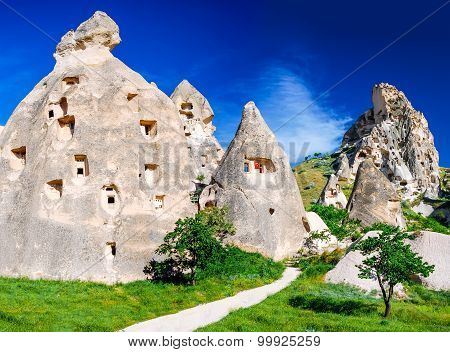 Cappadocia Turkey. Amazing Uchisar rock carved fortress in turkish Anatolia in Nevsehir province.