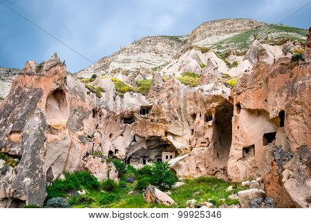 Cappadocia Turkey. Outdoor view of Zelve fairy chimney ancient ruins of cave town in Goreme region Anatolia.