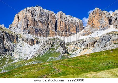 Piz Pordoi Val di Fassa Sella Dolomites in Italy. Sass Pordoi south face (2952 m) in Gruppo del Sella Dolomites mountains in Alps