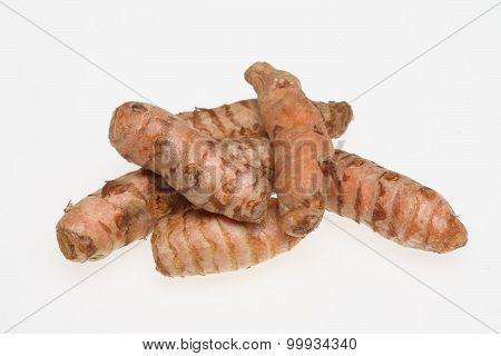 Turmeric, Curcuma Longa, A Rhizomatous Herbaceous Perennial Plant As Spice And Medicinal Herb