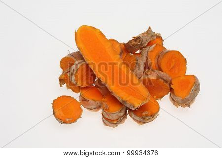 Turmeric, Curcuma Longa, A Rhizomatous Herbaceous Perennial Plant As Spice And Medicinal Herb