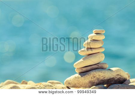 Stones Balance At The Beach, Stack Over Blue Sea