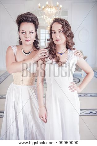 Two Beautiful Women In Old-fashioned Negligee