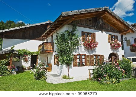 Exterior of a traditional Bavarian countryside house in Mittenwald, Germany.