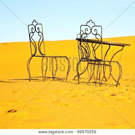 Table And Seat In Desert  Sahara Morocco Africa Yellow Sand