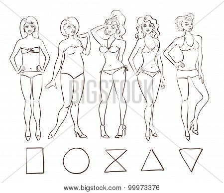 Sketch Set Of Isolated Female Body Shape Types.
