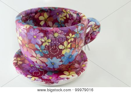 Decoupage Decorated Huge Coffee Mug. Flower Pattern Decoupage Decoration