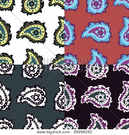 Set of colorful squared backgrounds - ornamental seamless pattern with paisley motif in red, blue, w