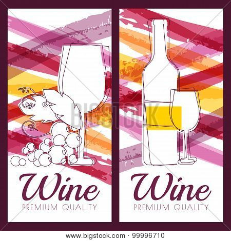 Vector Illustration Of Wine Bottle, Glass, Branch Of Grape And Watercolor Multicolor Stripes Backgro