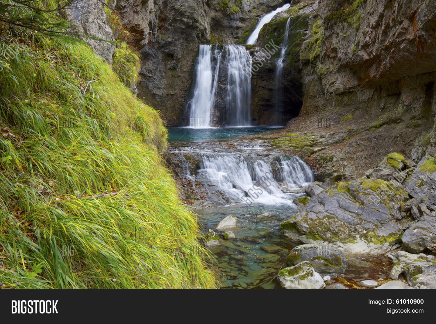 view of a waterfall in ordesa valley, pyrenees, huesca, aragon