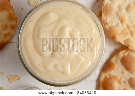 custard pastry cream on white vintage background.