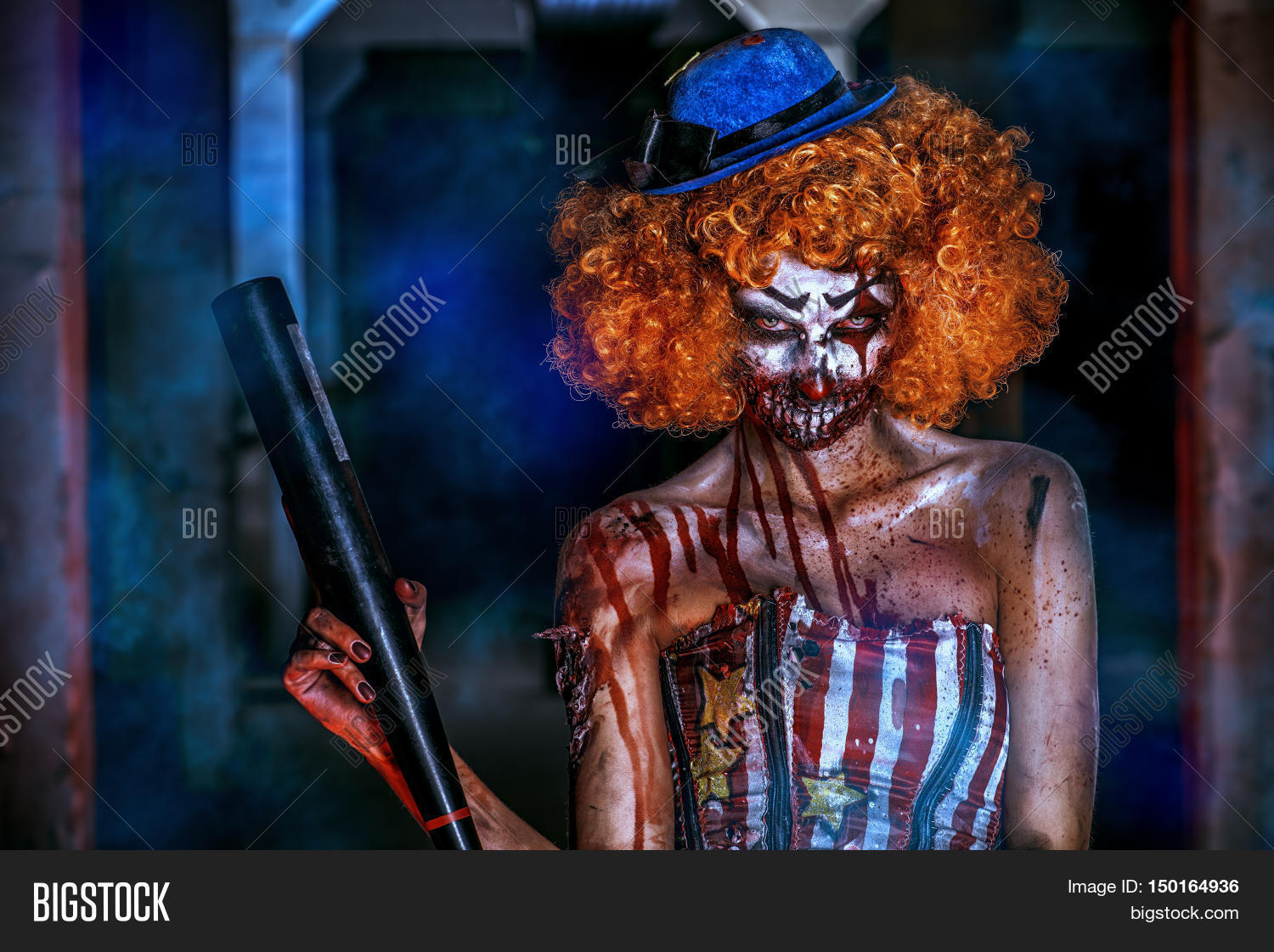 evil clown murderer stained in blood. female zombie clown.
