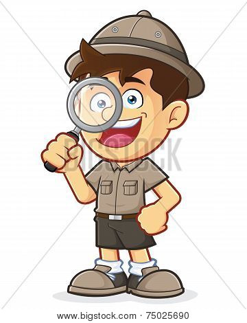 boy scout or explorer boy with magnifying glass 库存矢量图和库存