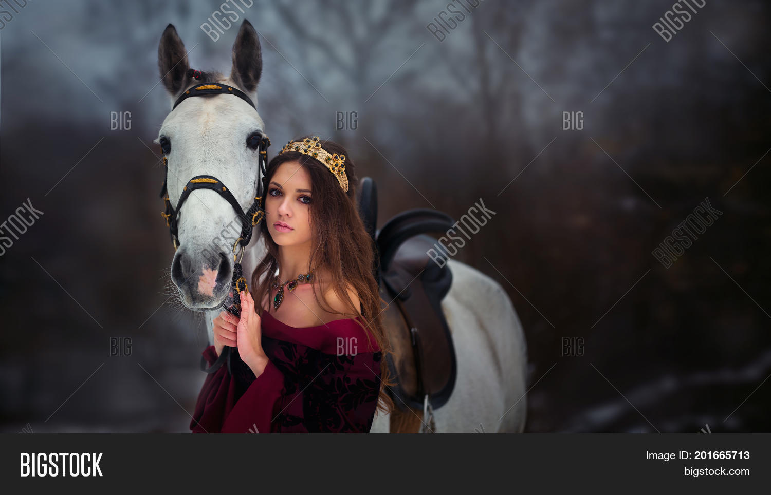 medieval queen on white horse at twilight winter forest