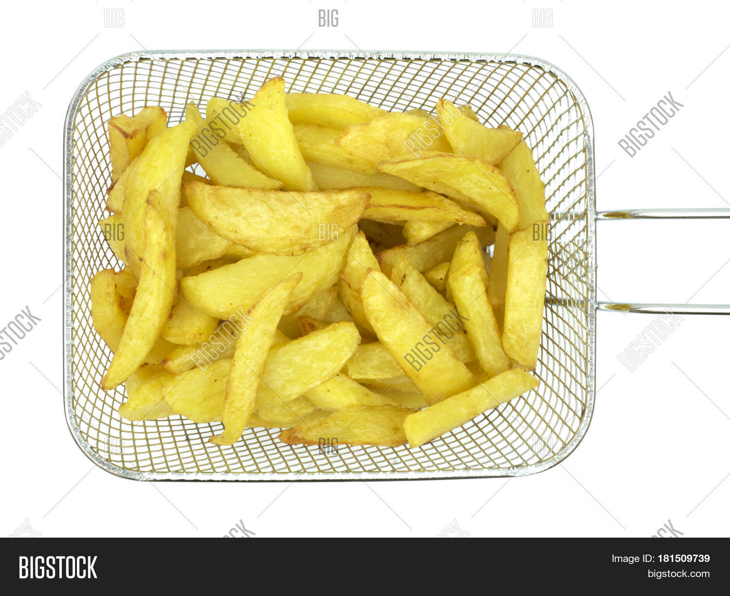 fried potatoes in deep fryer on white background