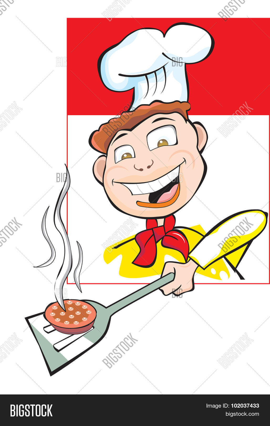 cooking a burger patty, happy employee wearing yellow uniform