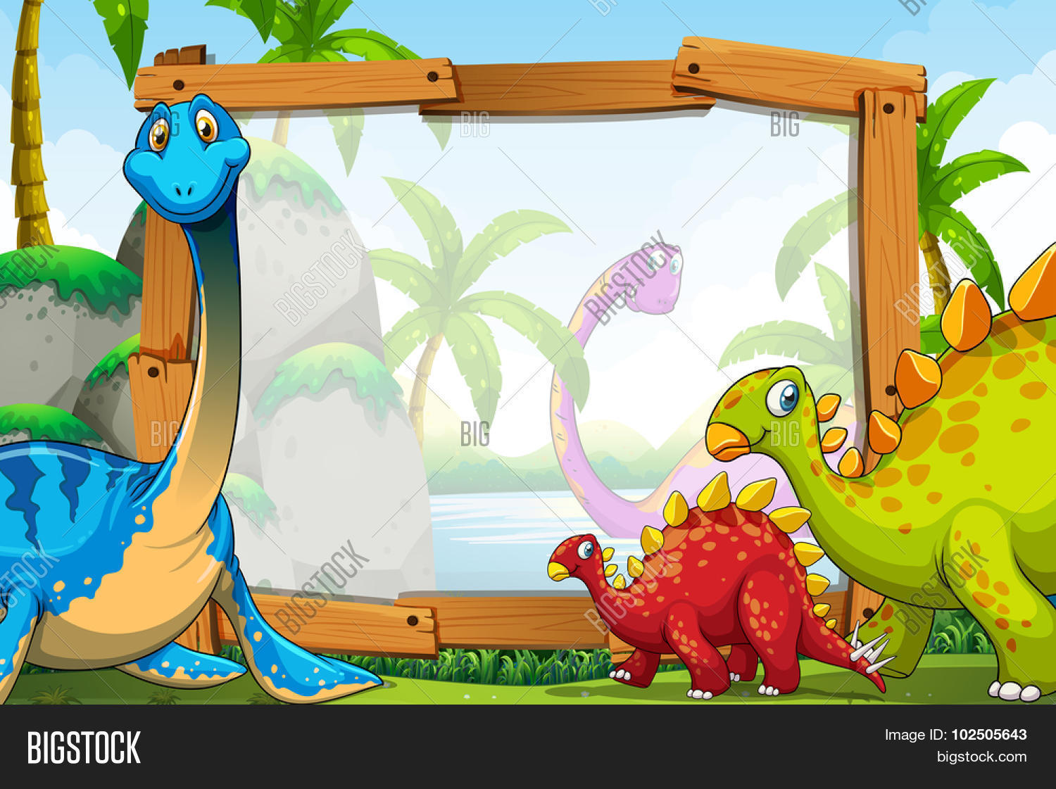 dinosaurs around the wooden frame illustration