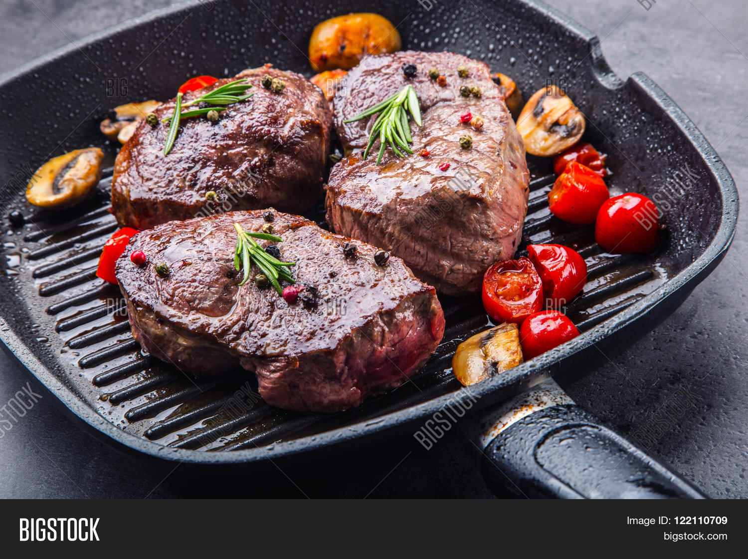 portions thick beef juicy sirloin steaks on grill pan or old
