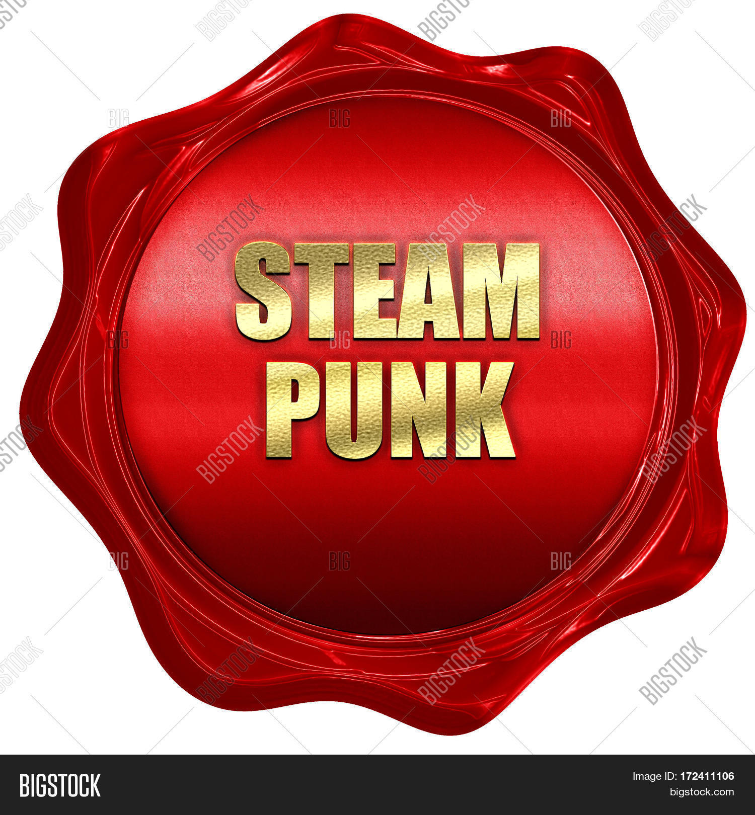 steam punk, 3d rendering, red wax stamp with text