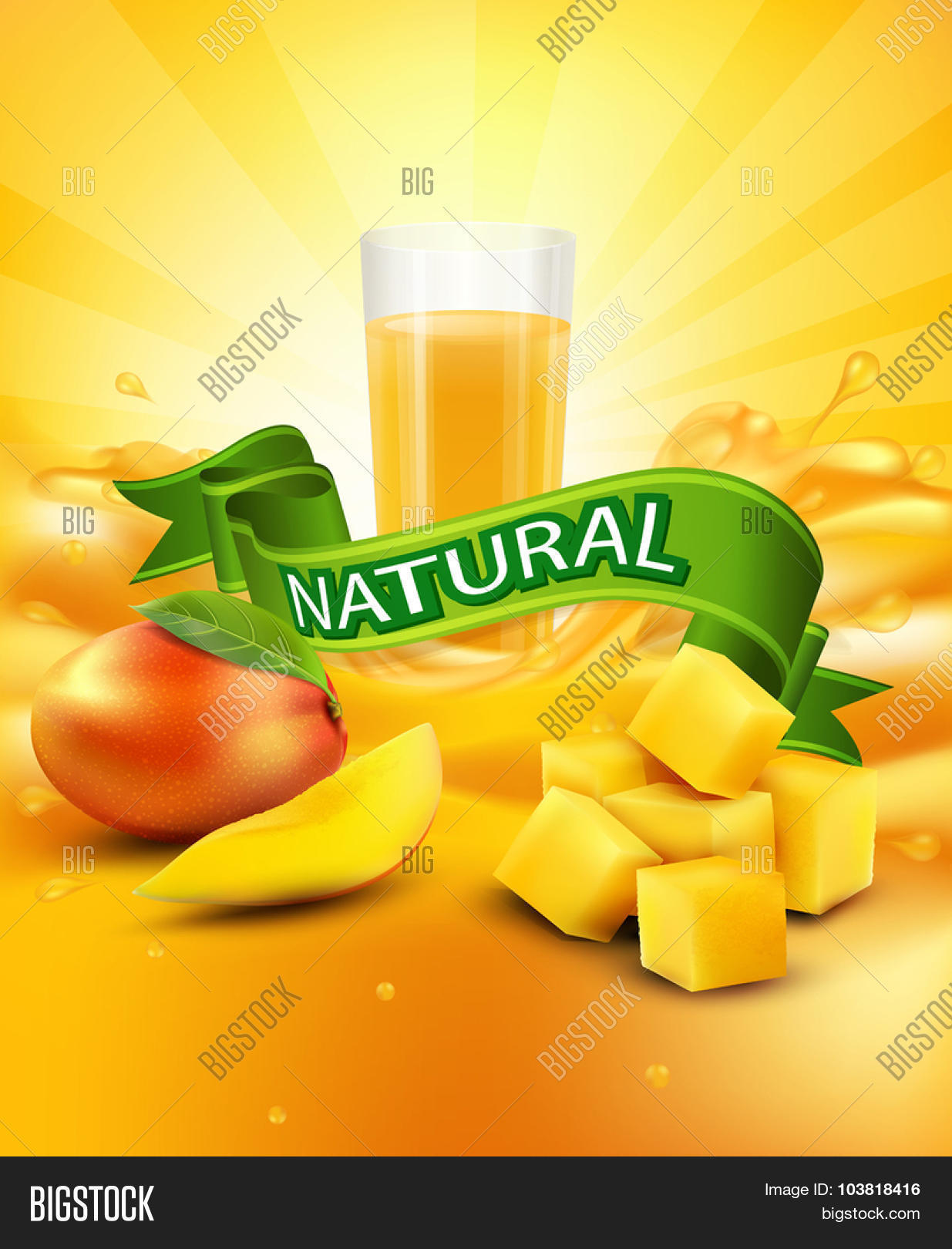 vector background with mango, a glass of juice, slices of mango