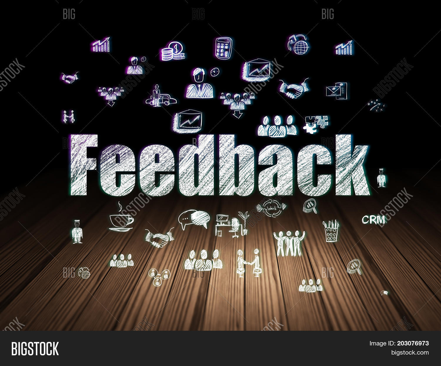 business concept: glowing text feedback, hand drawn business ico