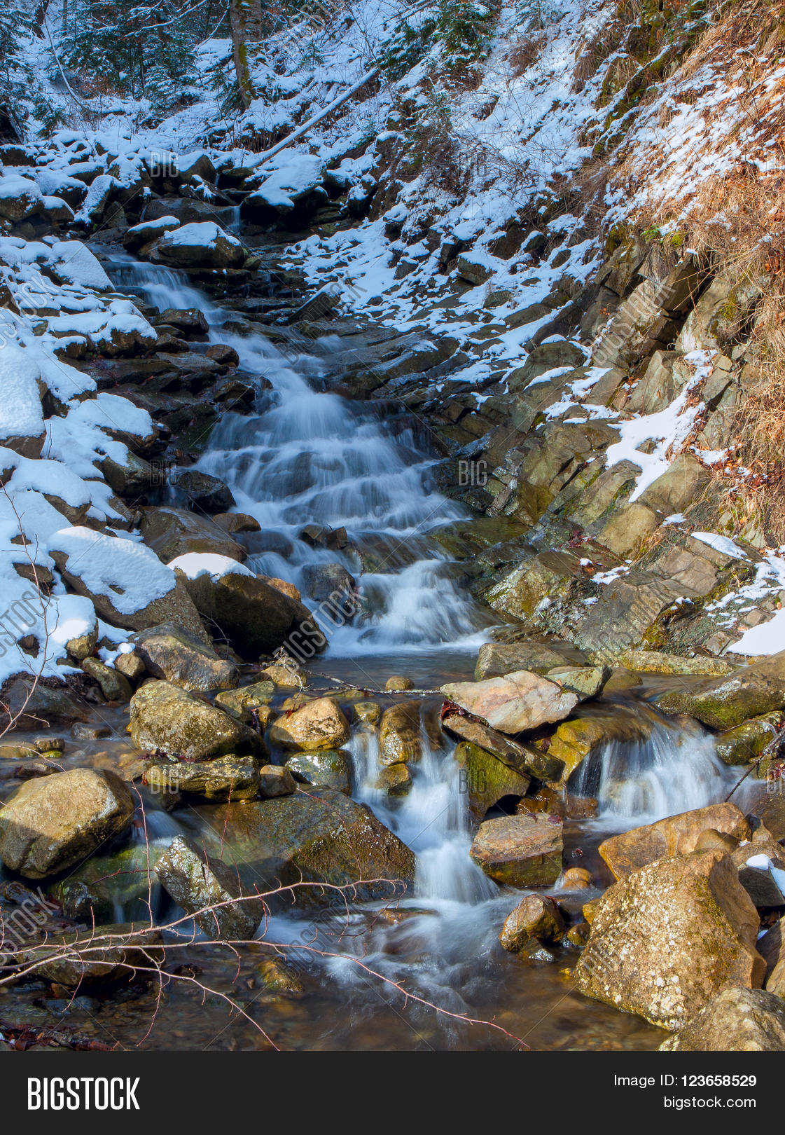 frozen waterfal with transparent fresh water in the mountain