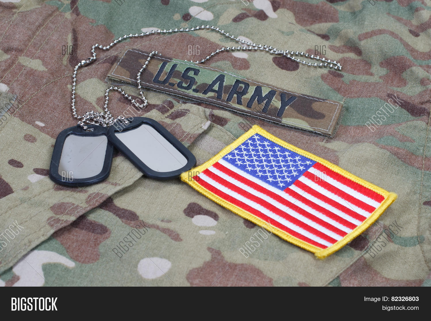 us army camouflaged uniform with us flag patch and blank dog