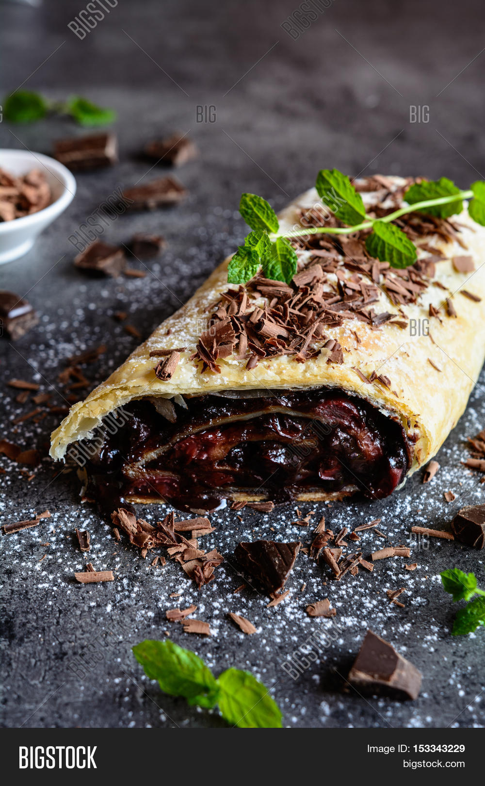 strudel stuffed with chocolate and cherry filling