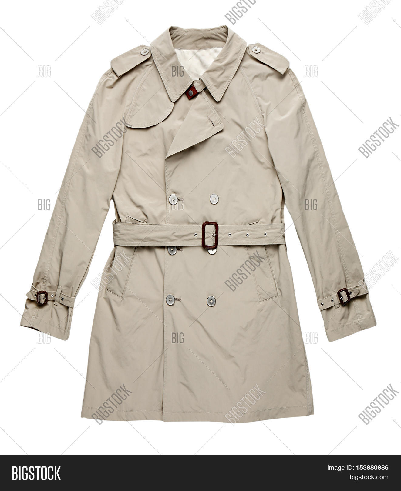 isolated image of single off white raincoat with belt against a