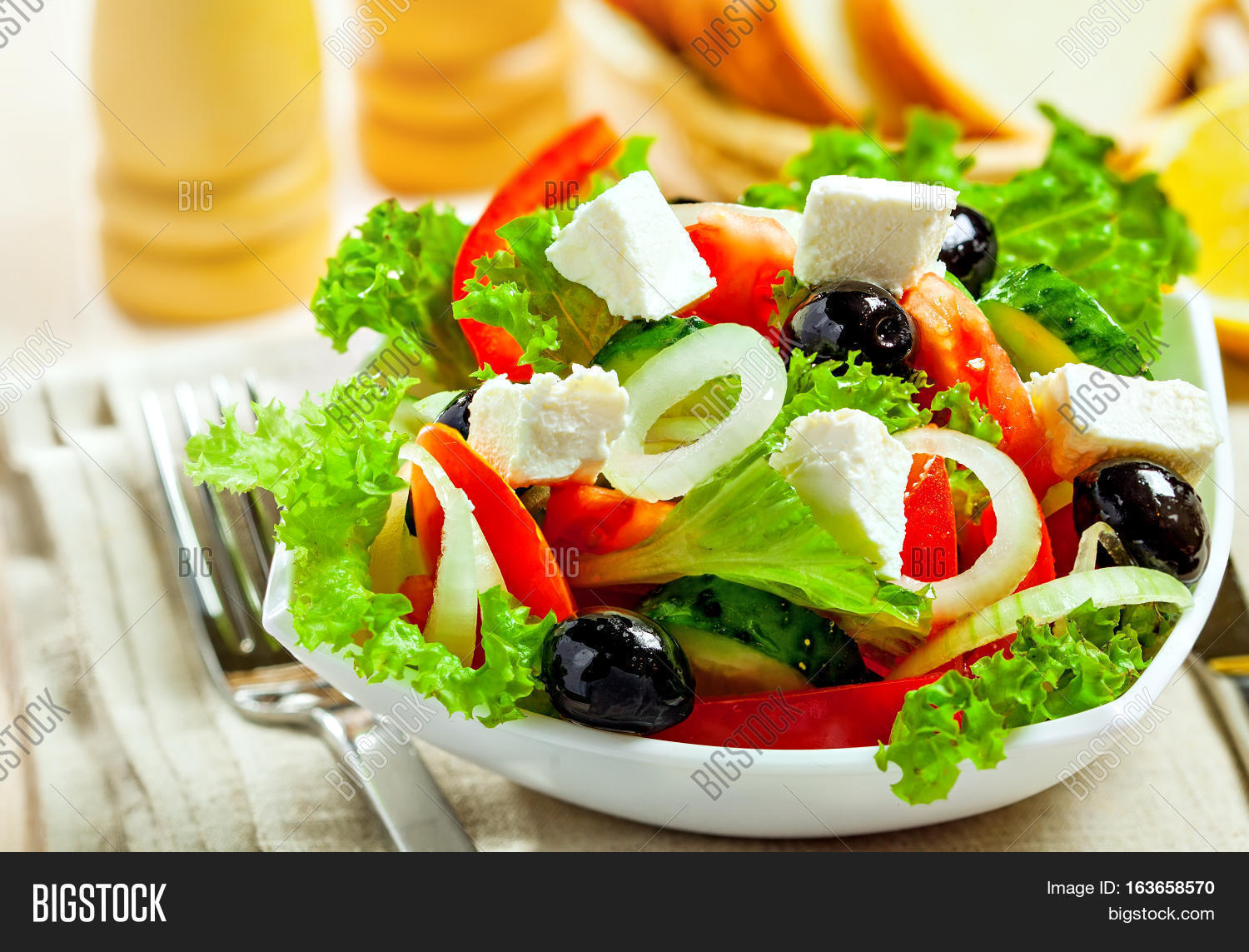 greek vegetable salad with feta cheese top view