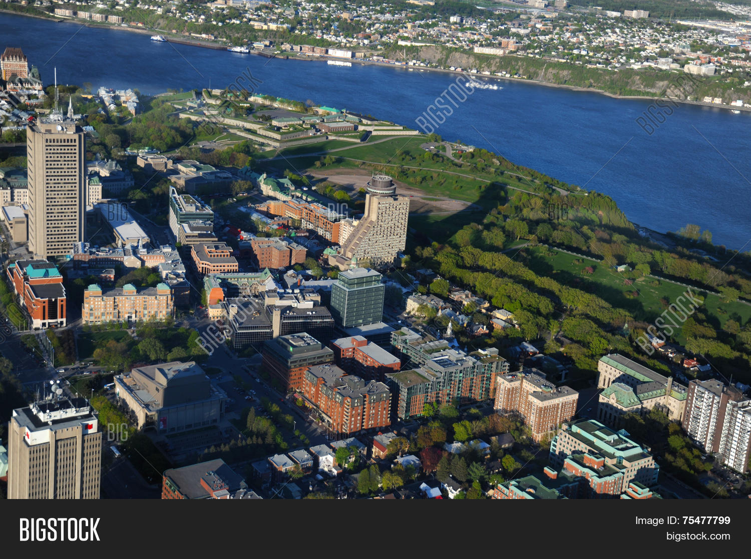 aerial view of quebec city area in the evening (downtown)