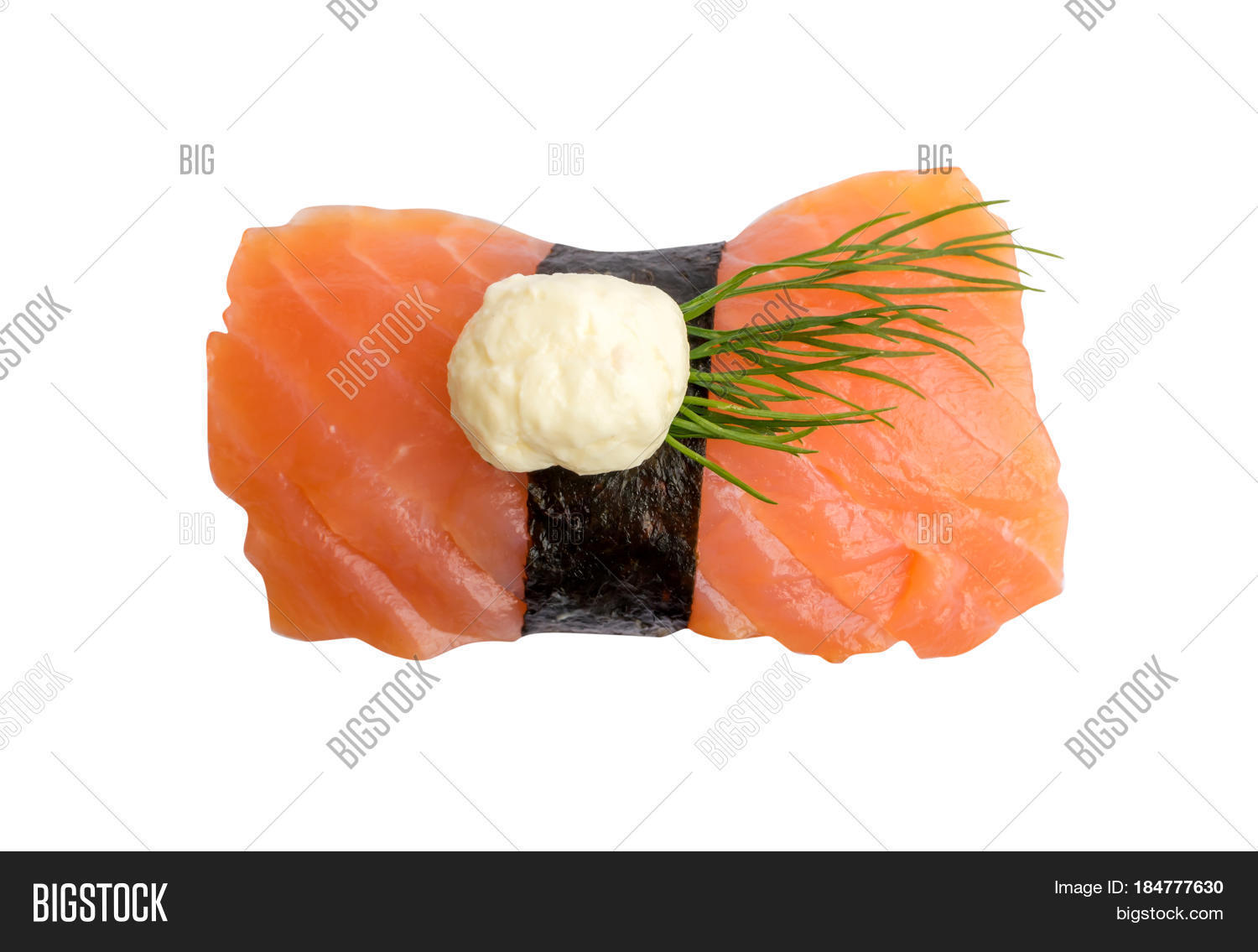 nigiri sushi with salmon and seaweed nori isolated on white back
