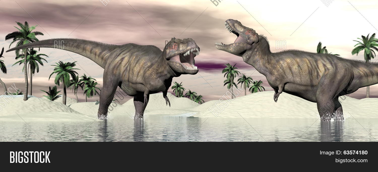 two tyrannosaurus rex dinosaurs fighting into the water in