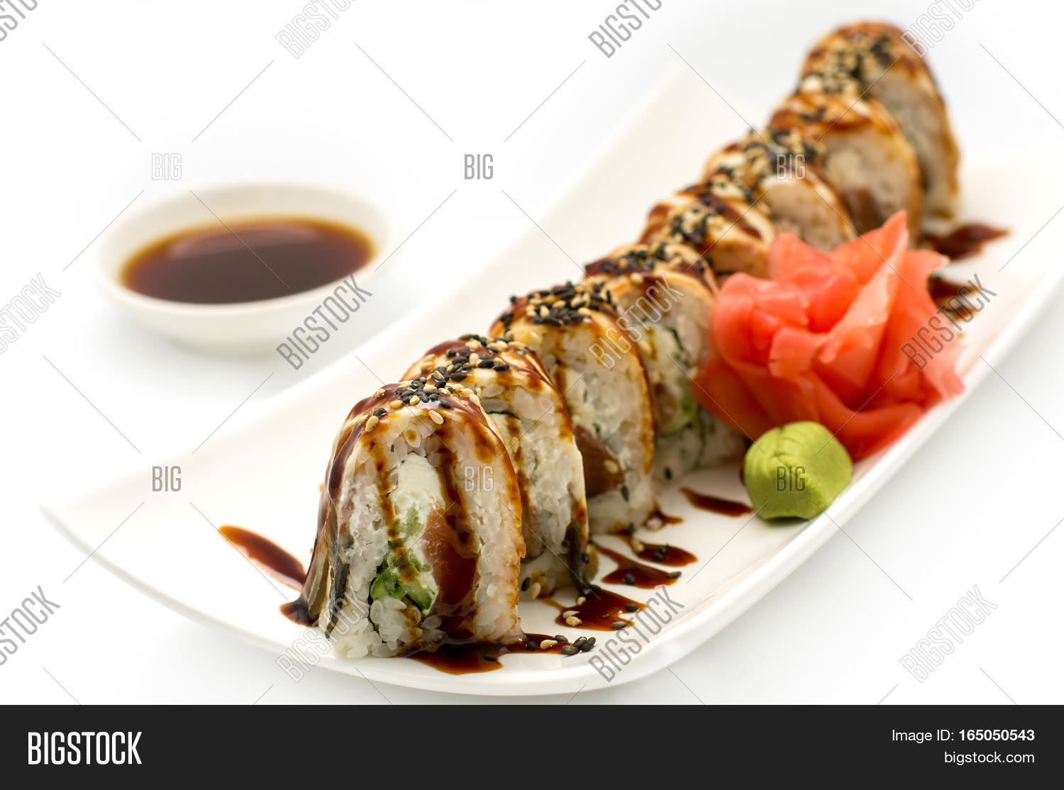 topped with smoked eel unagi white background.