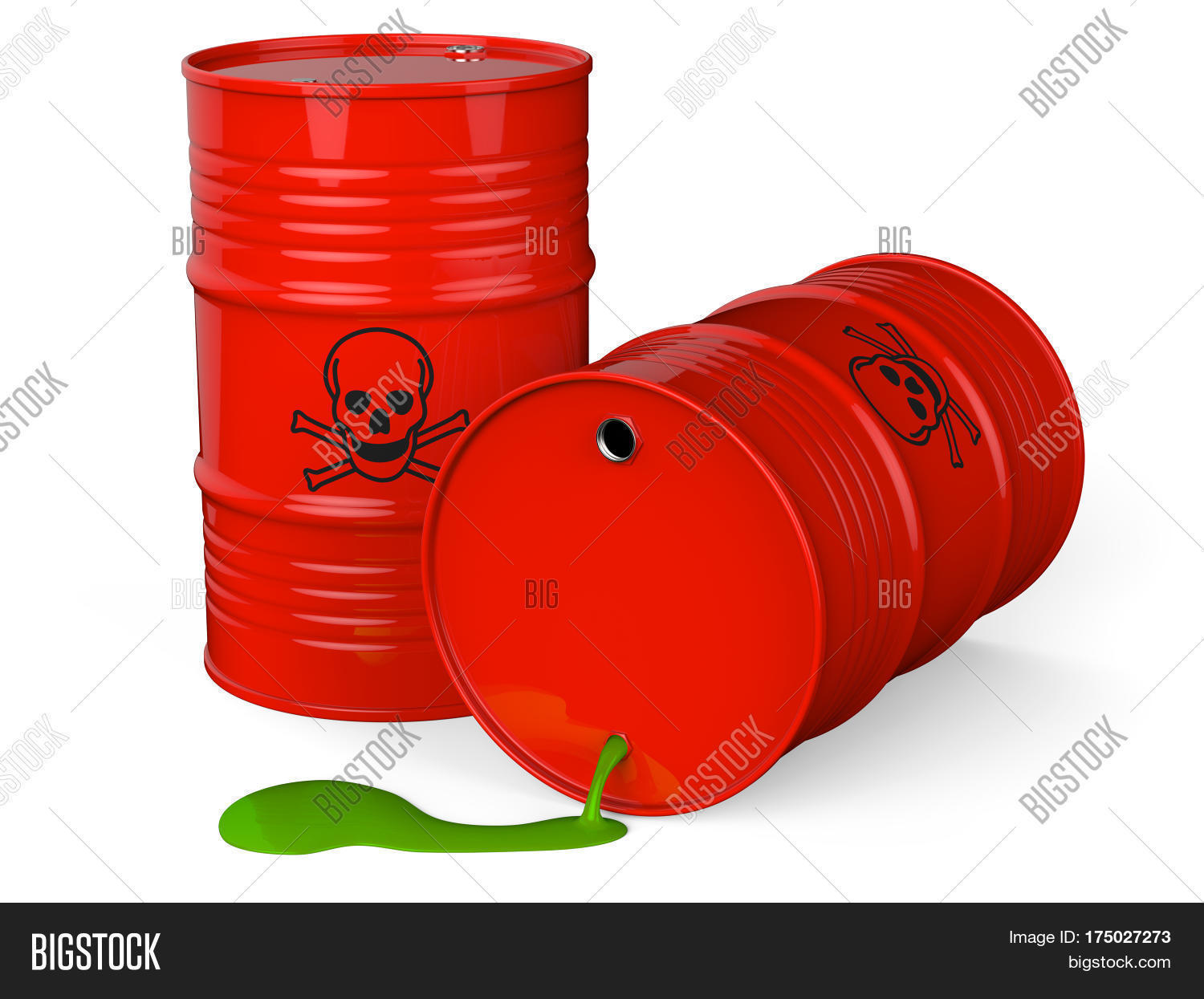 spilled red barrels with toxic waste isolated on white back