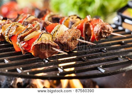 grilling shashlik on barbecue grill