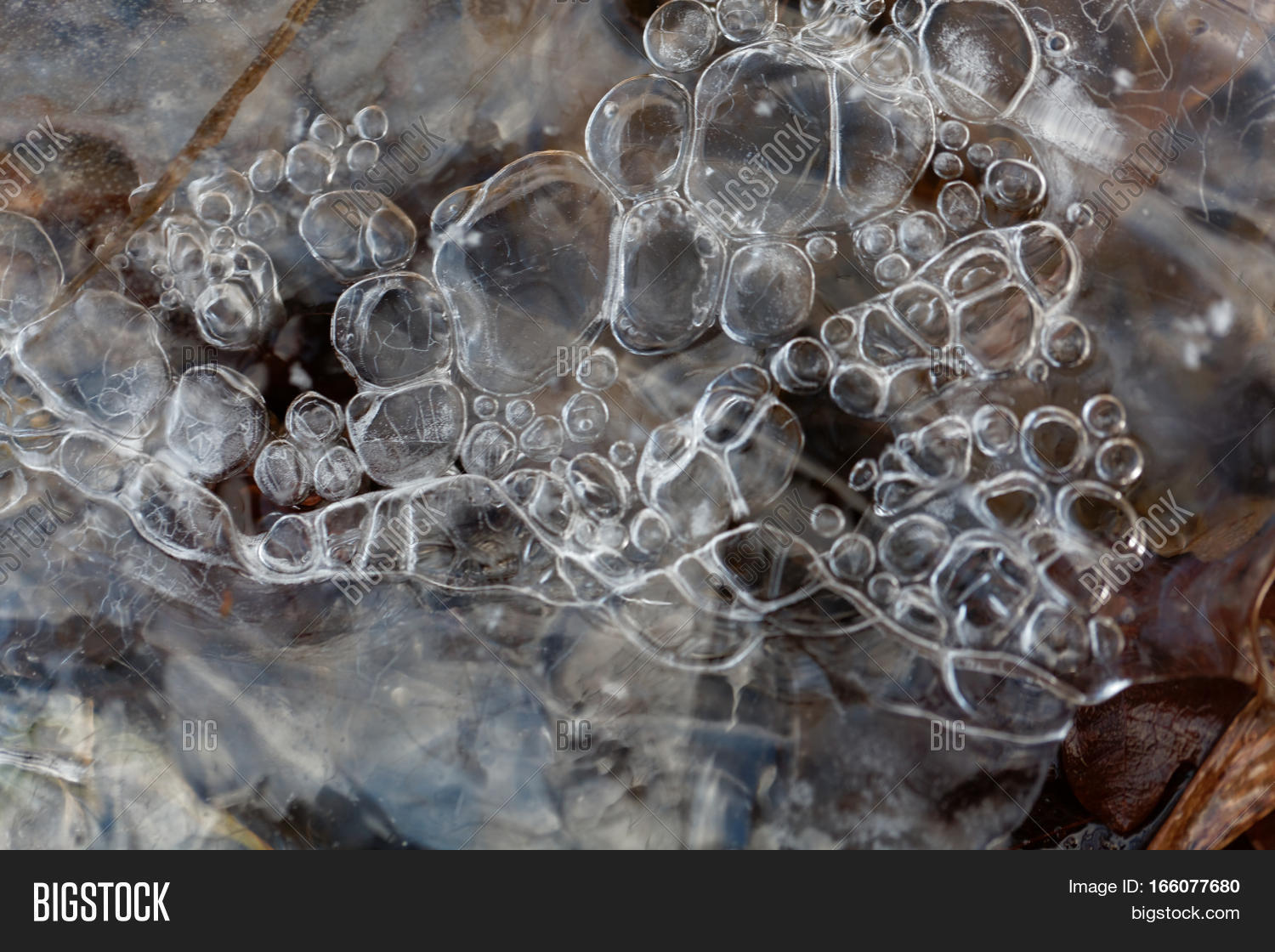 ice on a lake surface with air bubbles.