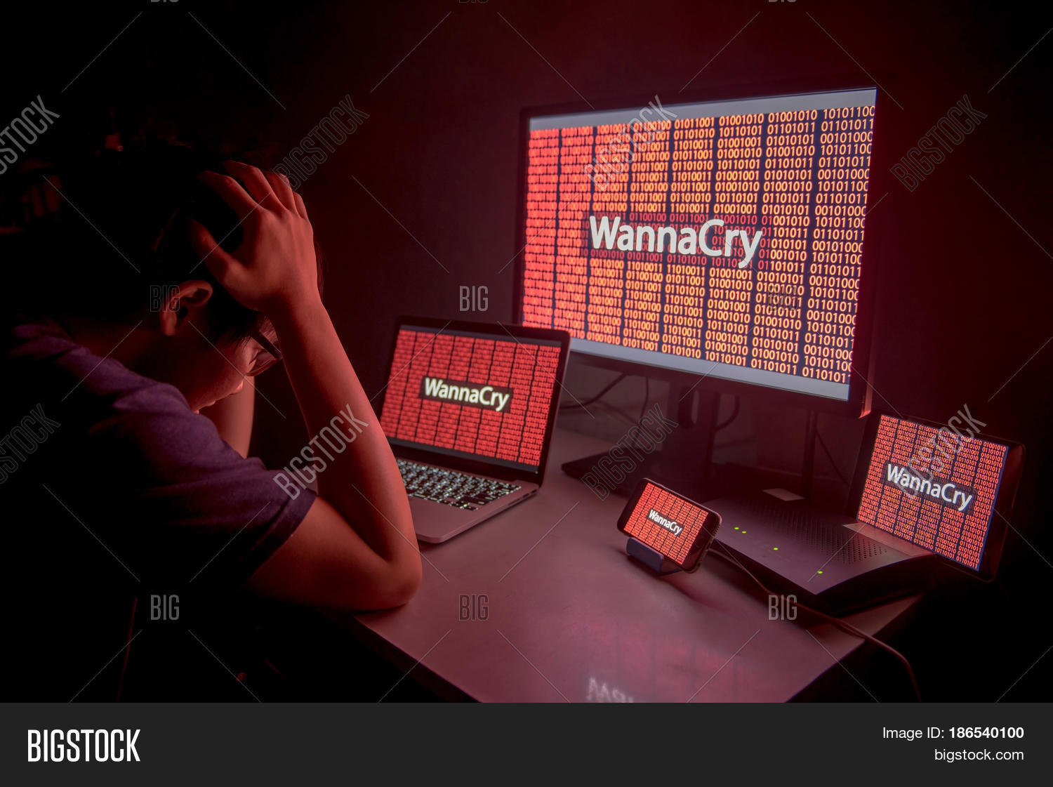 wannacry ransomware attack on desktop screen, notebook and smart