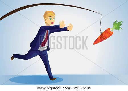 illustration of a businessman trying to reach a carrot dangled