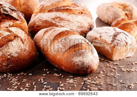 composition with variety of baking products on wooden table