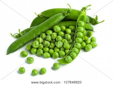 green pea pod, green peas, white background
