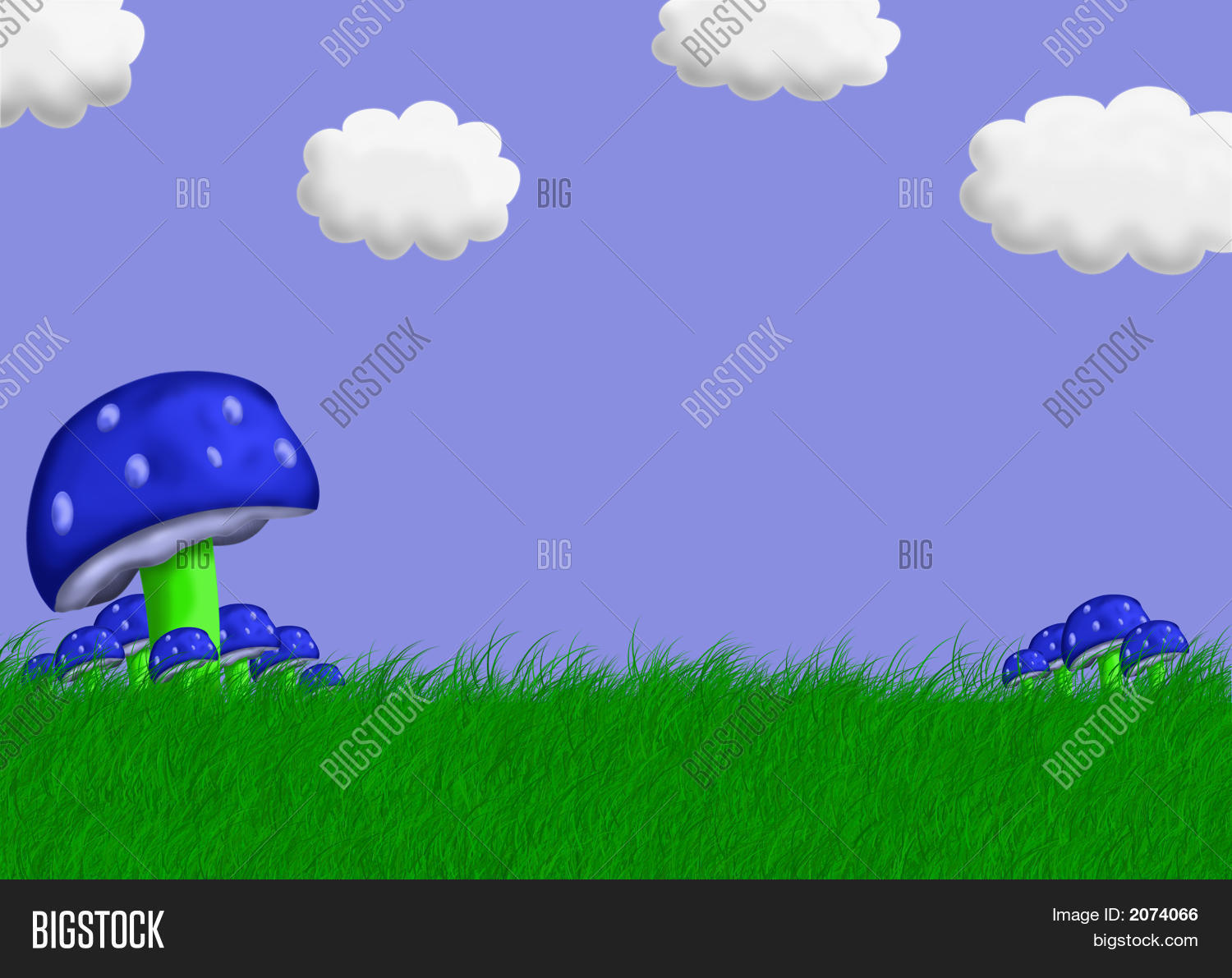 of green grass bright blue capped mushrooms and puffy clouds in