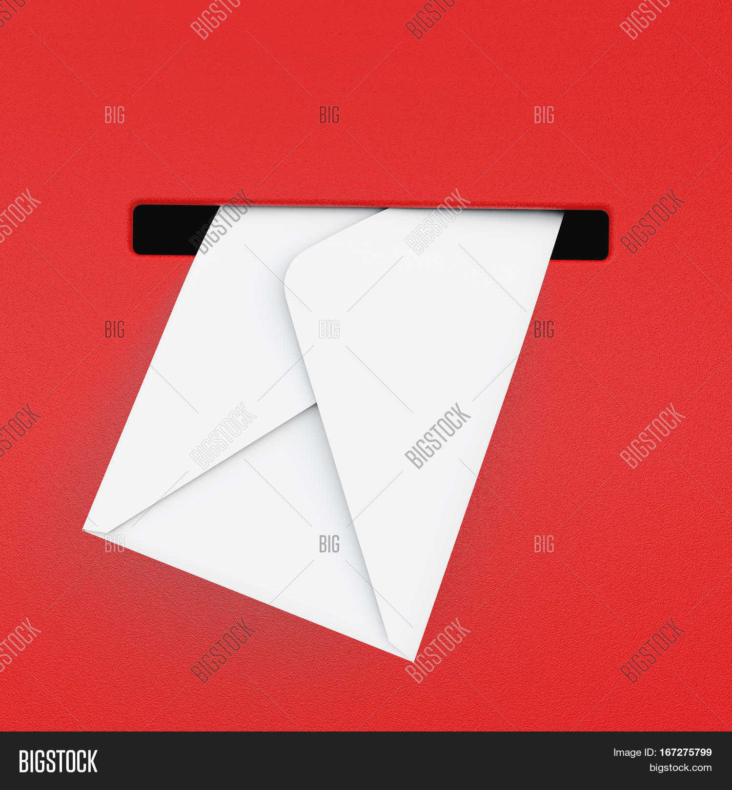 white envelope in red mailbox extreme closeup. 3d rendering.
